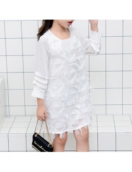 Solid Color Girls Long Sleeve Feather Dress For 4Y-15Y