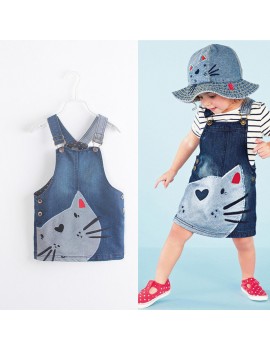 Cat Printed Toddler Girl Cute Denim Straps Suspender Dresses For 2Y-9Y