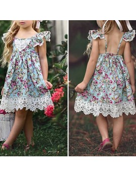 Flower Printed Toddlers Girls Kids Sleeveless Summer Lace Backless Dresses