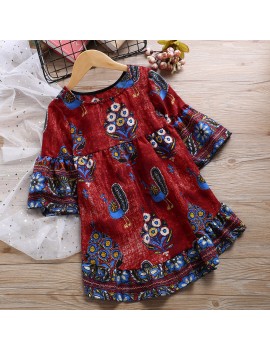 Peacock Pattern Girls Flared Long Sleeve Asymmetrical Princess Dress For 2Y-11Y