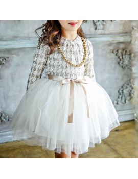 Long Sleeve Stand Collar Girls Patchwork Dress For 3-13Y