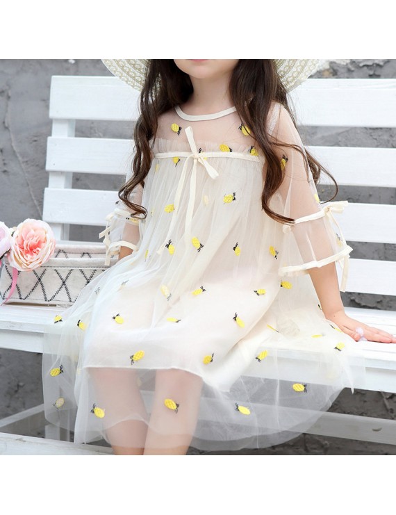 Pineapple Embroidery Girls Short Sleeve Summer Casual Dress For 2Y-9Y