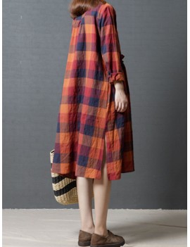 Vintage Women Plaid Drawstring Long Sleeve Shirt Dresses