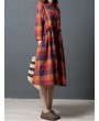 Vintage Women Plaid Drawstring Long Sleeve Shirt Dresses