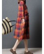 Vintage Women Plaid Drawstring Long Sleeve Shirt Dresses