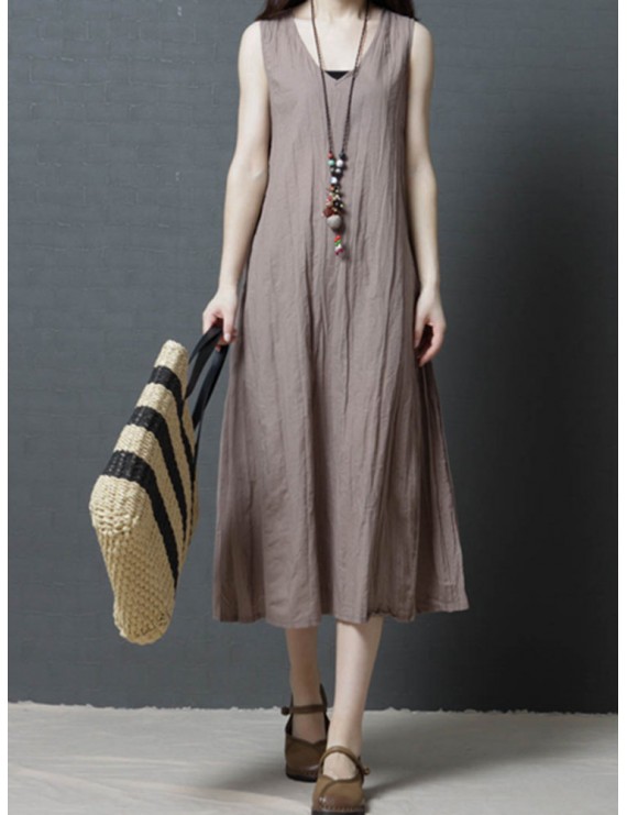 Loose Pockets Pure Color Pleated Sleeveless Vintage Dresses