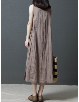 Loose Pockets Pure Color Pleated Sleeveless Vintage Dresses