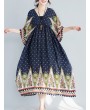 Ethnic Printed High Waist V-neck Vintage Half Sleeve Dresses