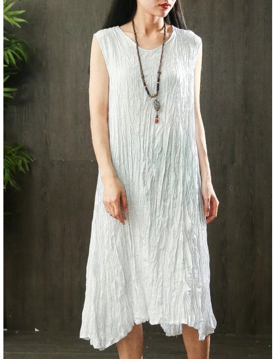 Pure Color Sleeveless O-neck Vintage Mid-Long Dresses