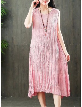 Pure Color Sleeveless O-neck Vintage Mid-Long Dresses