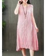 Pure Color Sleeveless O-neck Vintage Mid-Long Dresses