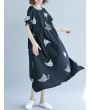 Loose Cat Print Short Sleeve O-neck Vintage Mid-long Dresses