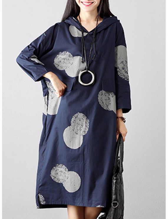 Casual Polka Dot Print Irregular Hem Hooded Long Sleeve Women Dresses