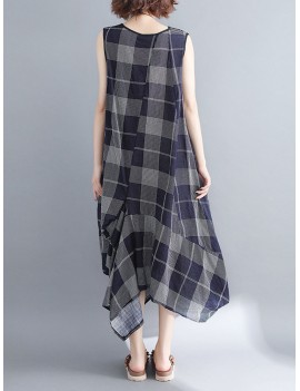 Sleeveless Plaid Print Irregular O-neck Vintage Dresses