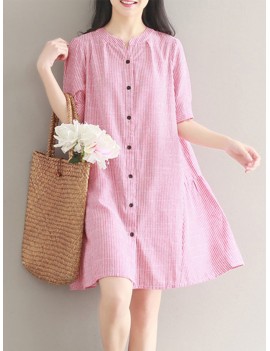 Women Stripe Vintage Short Sleeve Shirt Dresses