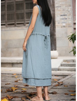 Sleeveless Pure Color Drawstring Layered Vintage Dresses