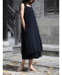 Sleeveless Pure Color Drawstring Layered Vintage Dresses