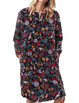 Women Floral Print Pockets Vintage Shift Dress