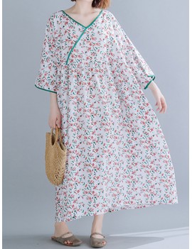 Vintage Floral Printed loose V-neck Dress