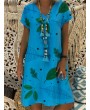 Vintage Print Leaves Short Sleeve V Neck Dress