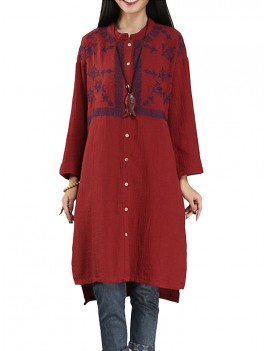 Vintage Embroidery Mandarin Collar Long Sleeve Women Dresses