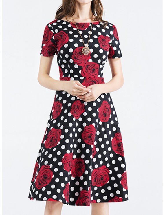 Vintage Women Polka Dots Floral Printed Hepburn Style Dresses