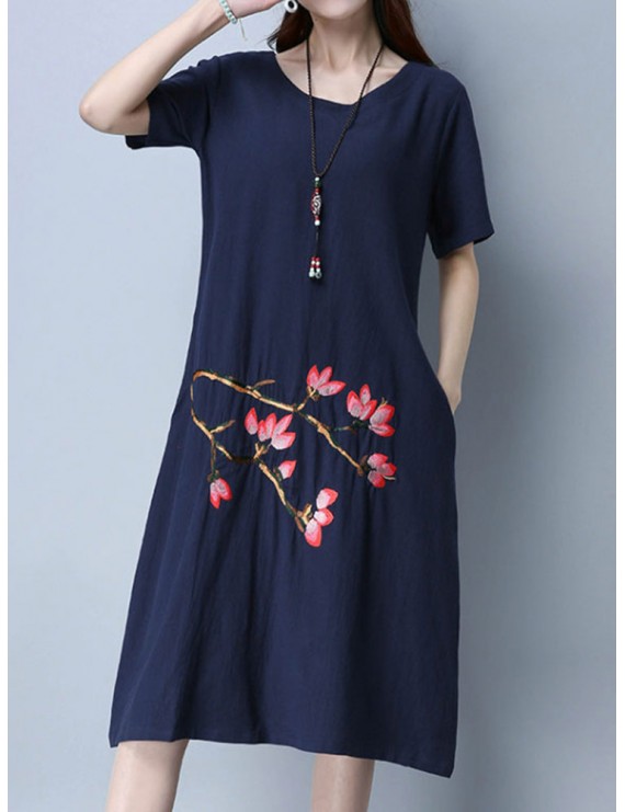 Vintage Floral Embroidery Short Sleeve O-neck Dress For Women