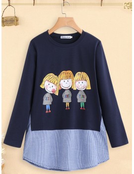 Cartoon Print Stripe Patchwork Long Sleeve Women T-shirt