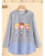 Cartoon Print Stripe Patchwork Long Sleeve Women T-shirt