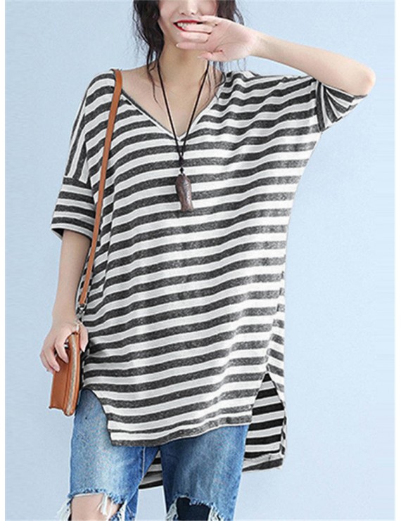 Casual Striped V Neck Slit High Low T-Shirt