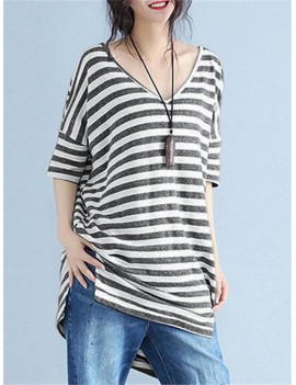 Casual Striped V Neck Slit High Low T-Shirt