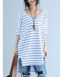 Casual Striped V Neck Slit High Low T-Shirt