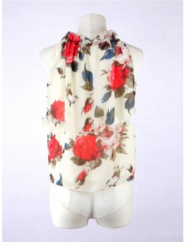 Floral Printed Halter Neck Sleeveless Chiffon T-shirt