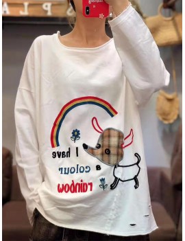 Embroidery Patch Long Sleeve Casual T-Shirt