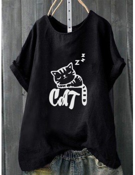 Casual Print Sleepy Cat Short Sleeve T-Shirt