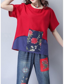 Women Short Sleeve Patchwork Pocket Vintage T-shirts