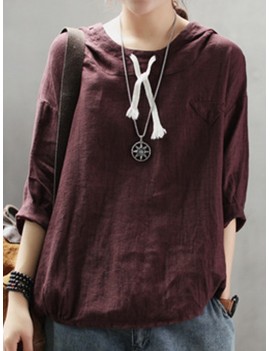 Casual Hoodies Pure Color 3/4 Sleeve O-neck Maxi Women T-shirt