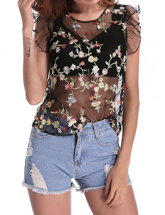 Sexy Floral Embroidered See-through O-neck Sleeveless Women T-shirt