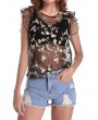 Sexy Floral Embroidered See-through O-neck Sleeveless Women T-shirt