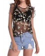 Sexy Floral Embroidered See-through O-neck Sleeveless Women T-shirt