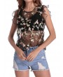 Sexy Floral Embroidered See-through O-neck Sleeveless Women T-shirt