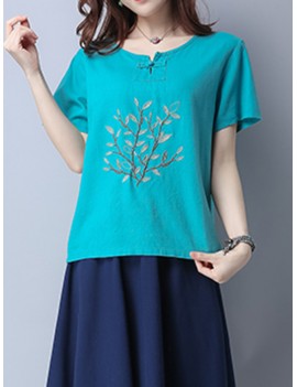 Casual Embroidered Frog Button Short Sleeve O-neck T-shirt For Women