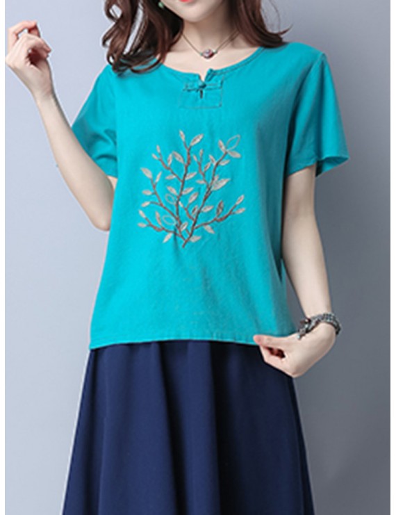 Casual Embroidered Frog Button Short Sleeve O-neck T-shirt For Women