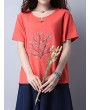 Casual Embroidered Frog Button Short Sleeve O-neck T-shirt For Women