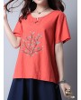 Casual Embroidered Frog Button Short Sleeve O-neck T-shirt For Women