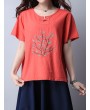 Casual Embroidered Frog Button Short Sleeve O-neck T-shirt For Women