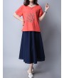 Casual Embroidered Frog Button Short Sleeve O-neck T-shirt For Women