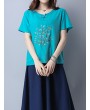 Casual Embroidered Frog Button Short Sleeve O-neck T-shirt For Women