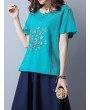 Casual Embroidered Frog Button Short Sleeve O-neck T-shirt For Women