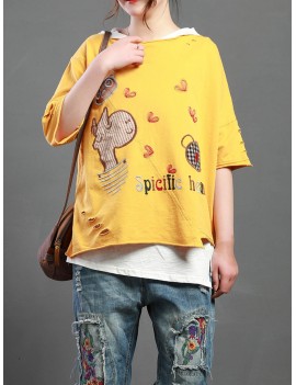 Cartoon Embroidery Print Short Sleeve Casual T-Shirt